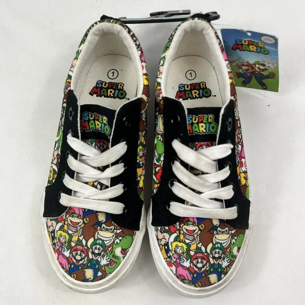 Super Mario Nintendo Kids Shoes Sneakers Size 1 Multicolor Black Lace Up Low Top